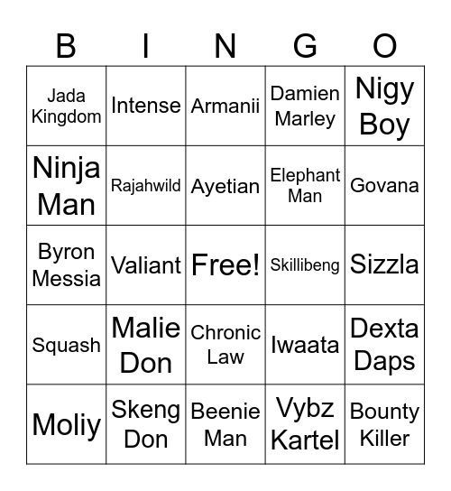 Dancehall Bingo Card