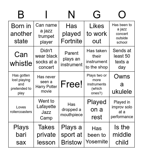 Jazz Bingo Card