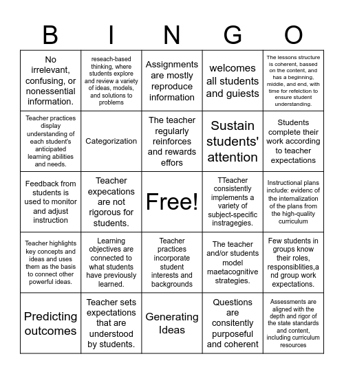 Louisiana Educator Rubric Review Bingo Card