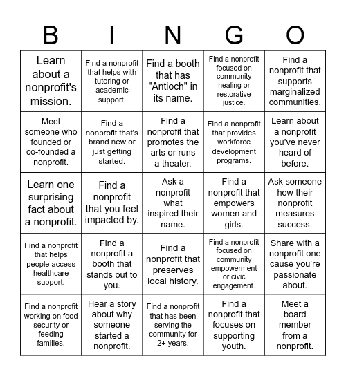 Antioch Nonprofit Expo Bingo Card