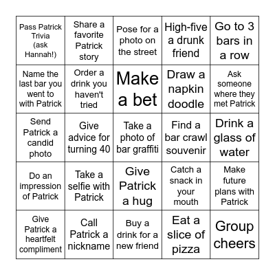 Birthday Bar Crawl Challenge Bingo Card