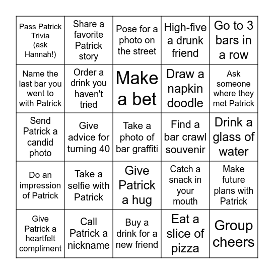 Birthday Bar Crawl Challenge Bingo Card