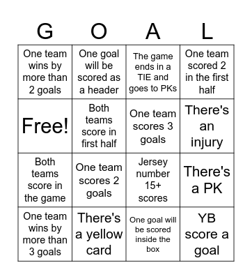 Sunday League Final Bingo Card