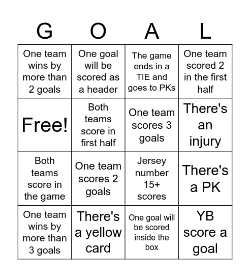 Sunday League Final Bingo Card