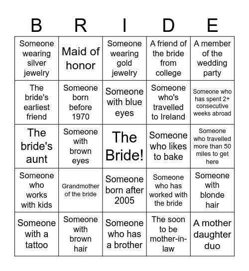 Bridal Shower Guest Bingo Card