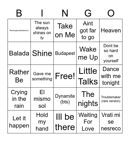 peak songs bingo (according to turk and gangstar) Bingo Card