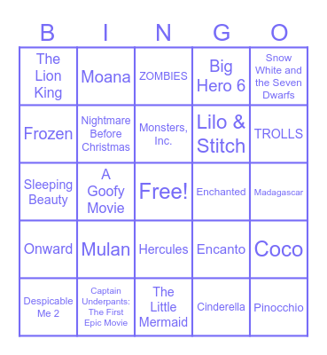 Best of Kids' Movies Bingo Card