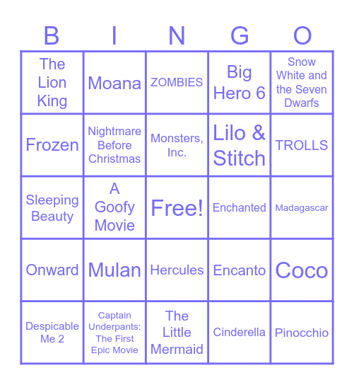 Best of Kids' Movies Bingo Card