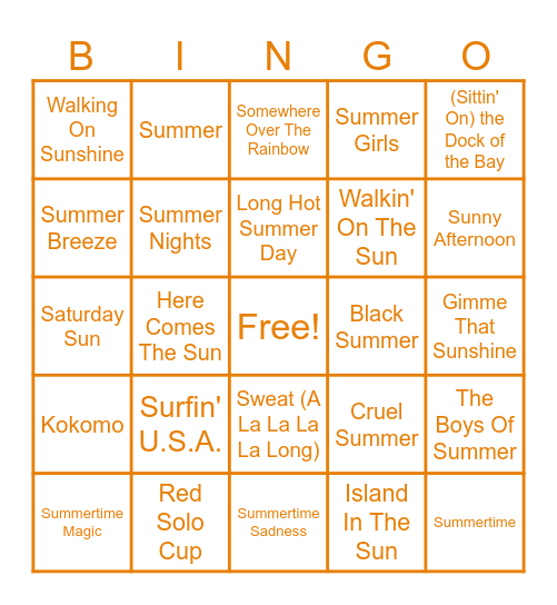 Summer Jams Bingo Card