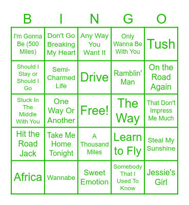 Road Trip Songs Bingo Card