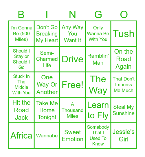 Road Trip Songs Bingo Card