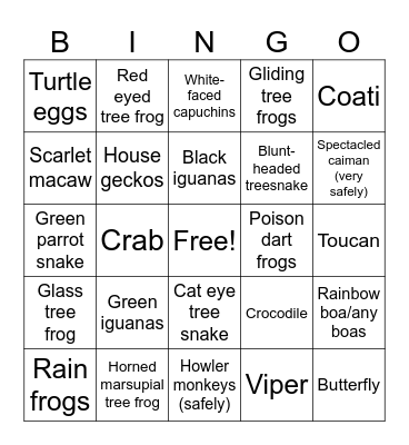 Costa Rica Animal Hunt Bingo Card