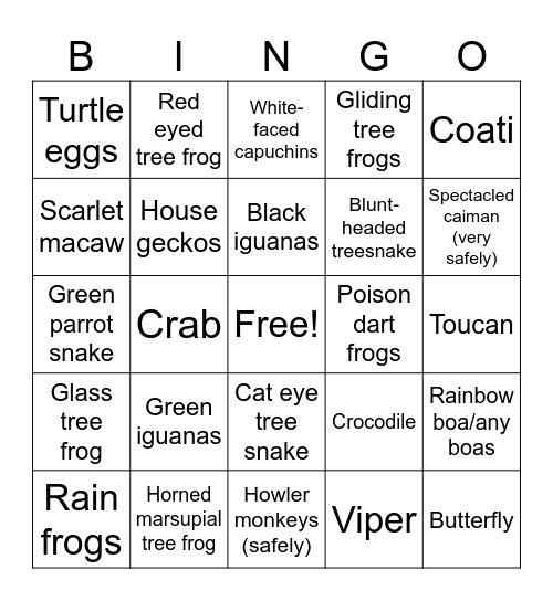 Costa Rica Animal Hunt Bingo Card