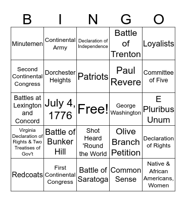 Ch. 4 The American Revolution Bingo Card