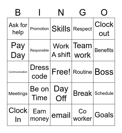 Work & Responsibilities Bingo Card