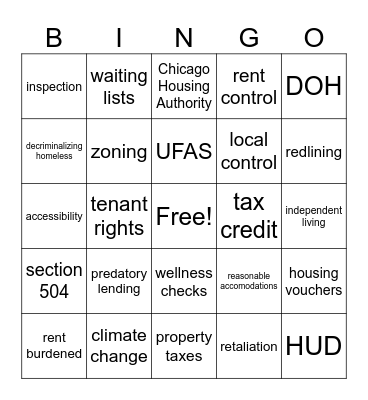 Housing Access Bingo Card