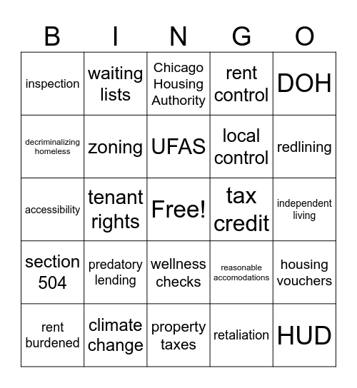 Housing Access Bingo Card