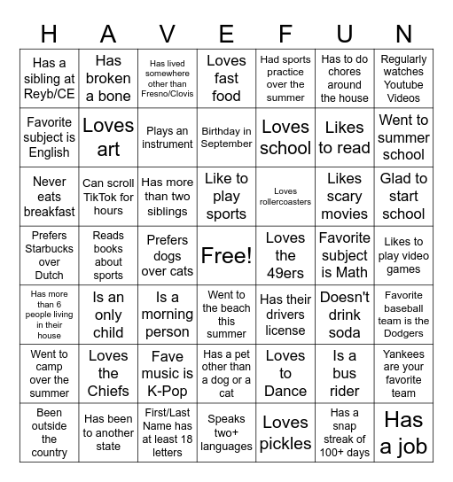 Get to Know You Bingo Card