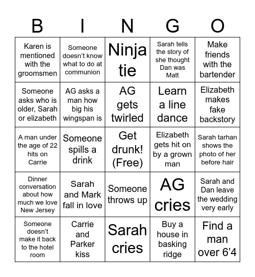 Tarhan McCarthy Wedding Bingo Card
