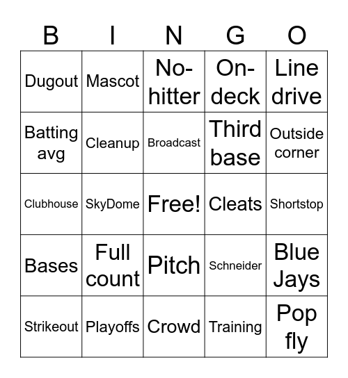 Blue Jays Bingo Card