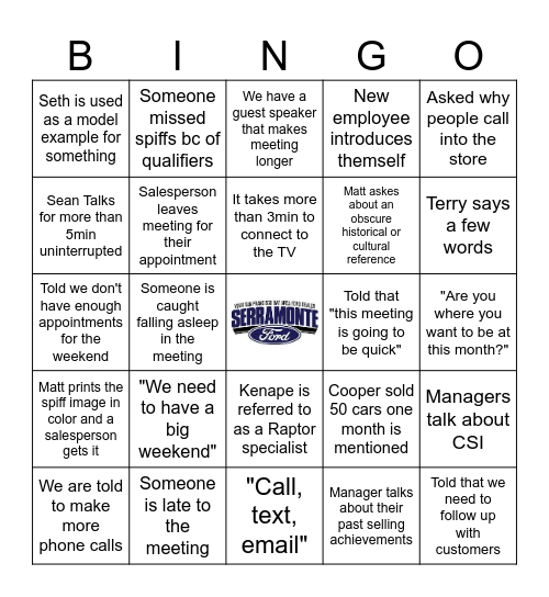 Friday Morning Meeting Bingo Card