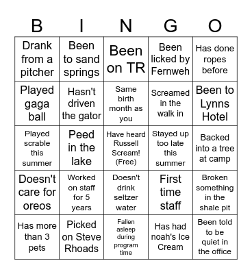 Camp Staff Bingo Card