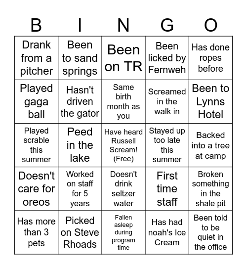 Camp Staff Bingo Card