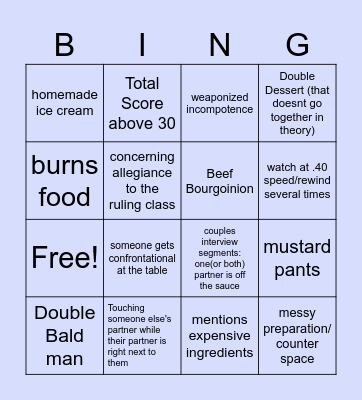 Couples Come Dine With Me Bingo Card