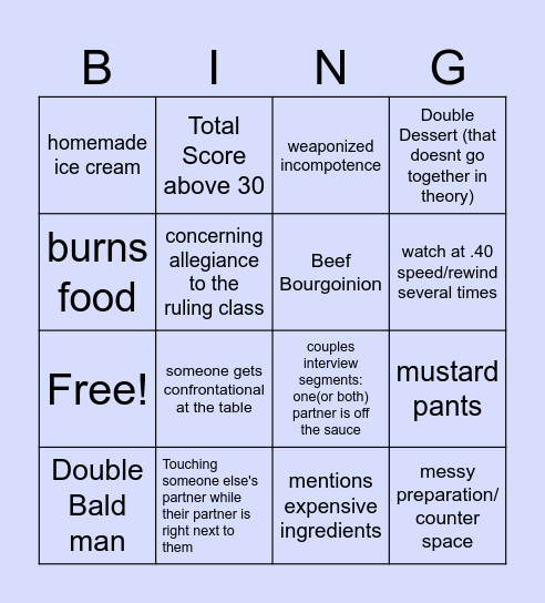 Couples Come Dine With Me Bingo Card