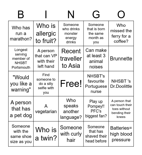 NHSBT Bingo Card