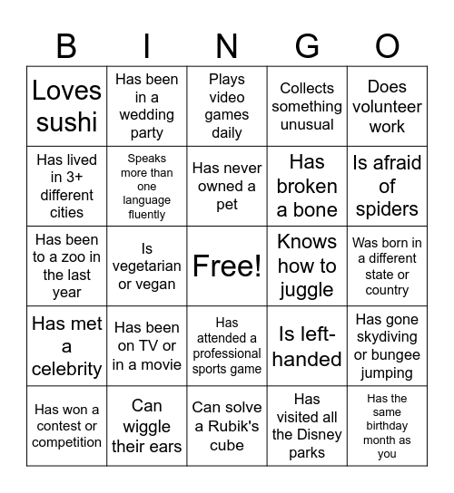 Fun Fact Bingo Card