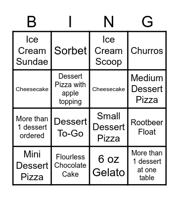 DESSERT BINGO Card
