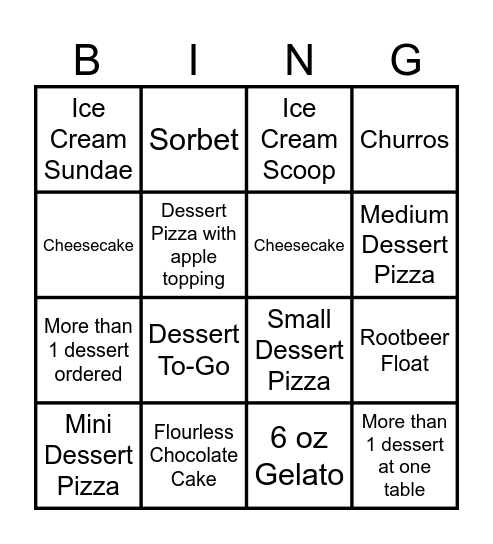 DESSERT BINGO Card