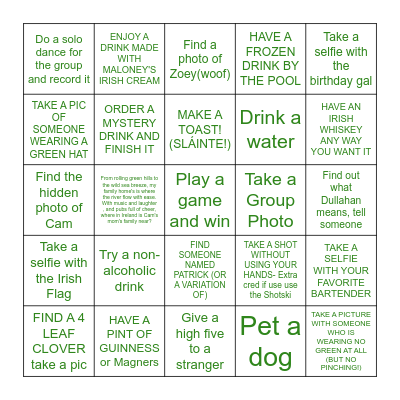 CAM'S ST. PATRICK'S B-DAY BAR Challenge Bingo Card
