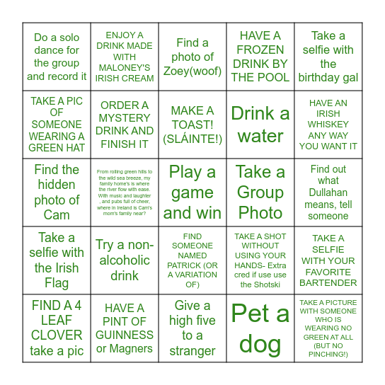 CAM'S ST. PATRICK'S B-DAY BAR Challenge Bingo Card