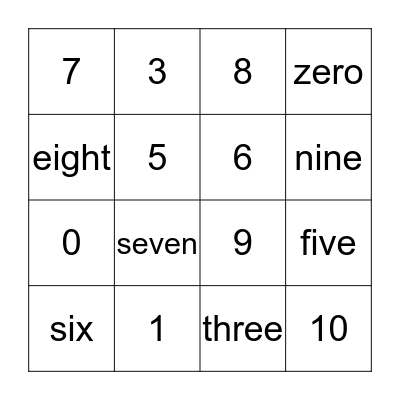 Number Vocabulary Bingo Card
