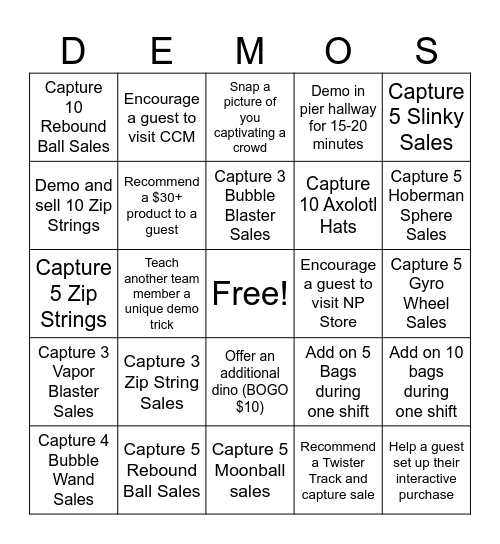 Demo and Engagement Bingo Card