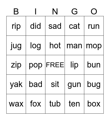 Kindergarten Bingo Card