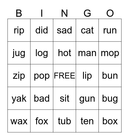 Kindergarten Bingo Card