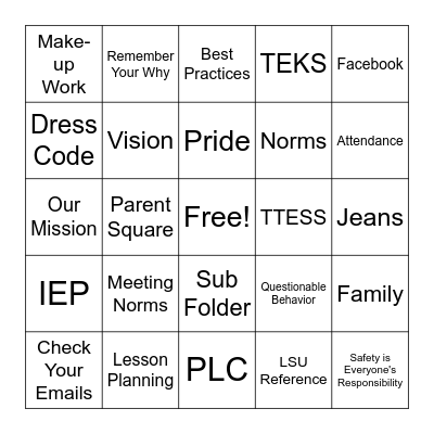 LMS Back to School Bingo Card