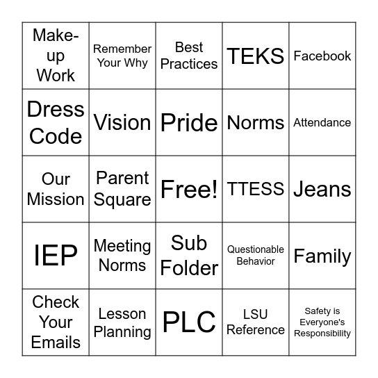 LMS Back to School Bingo Card