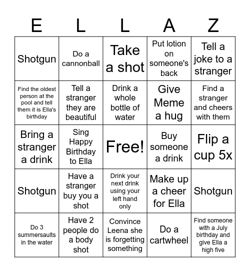 Ella's 21st Bingo Bash Bingo Card