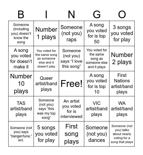 Hottest 100 Bingo Card