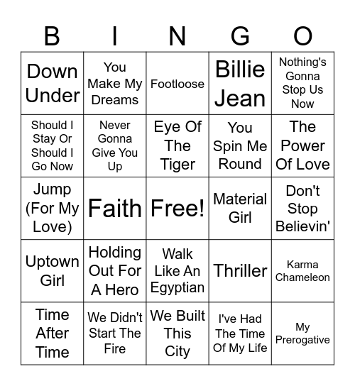🎶 1980's 🎶 Bingo Card