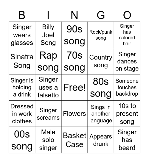 Our Place Karaoke Bingo Card