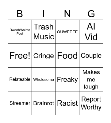 IG Reel Bingo. Bingo Card