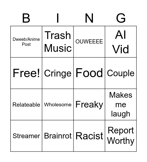 IG Reel Bingo. Bingo Card