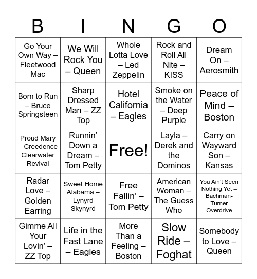 Legends of Classic Rock Bingo Card