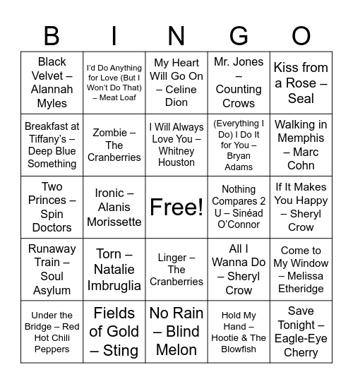 90s Throwback Jams Bingo Card