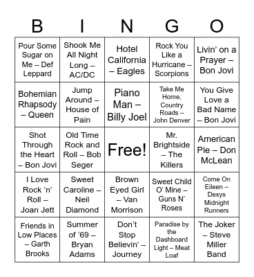 Bar Anthems Bingo Card